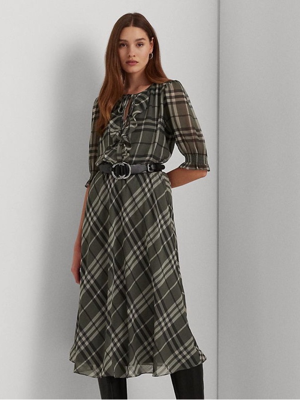 Ralph Lauren Olive Plaid Midi Dress